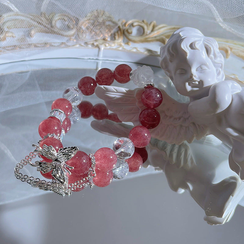 White Acey Strawberry Quartz Butterfly Bracelet - Calm & Positivity