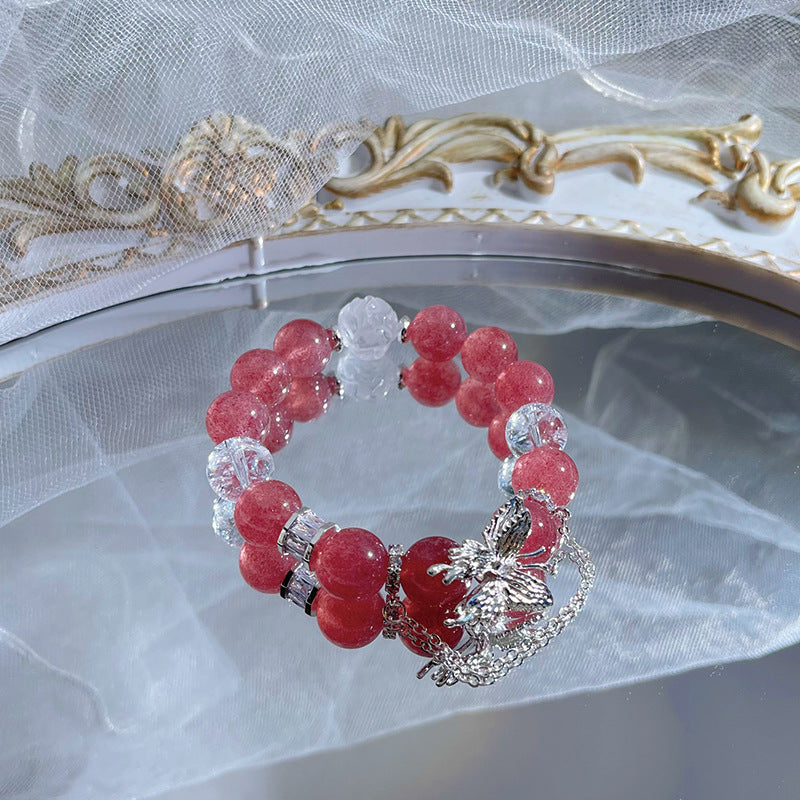 White Acey Strawberry Quartz Butterfly Bracelet - Calm & Positivity