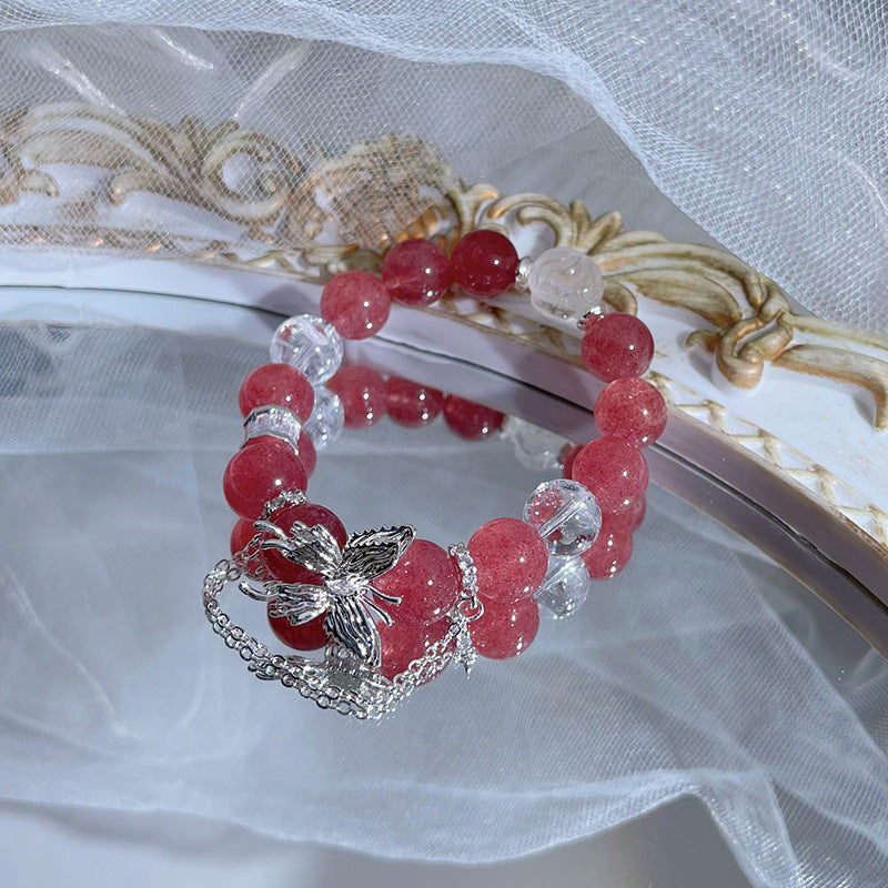 White Acey Strawberry Quartz Butterfly Bracelet - Calm & Positivity