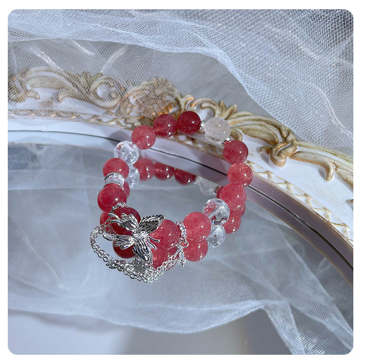 White Acey Strawberry Quartz Butterfly Bracelet - Calm & Positivity